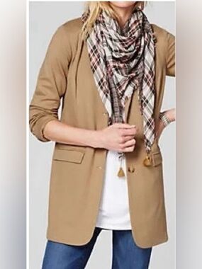 J. Jill Ponte Stretch Knit 3 Button Longline Blazer in Camel/Tan 1X
